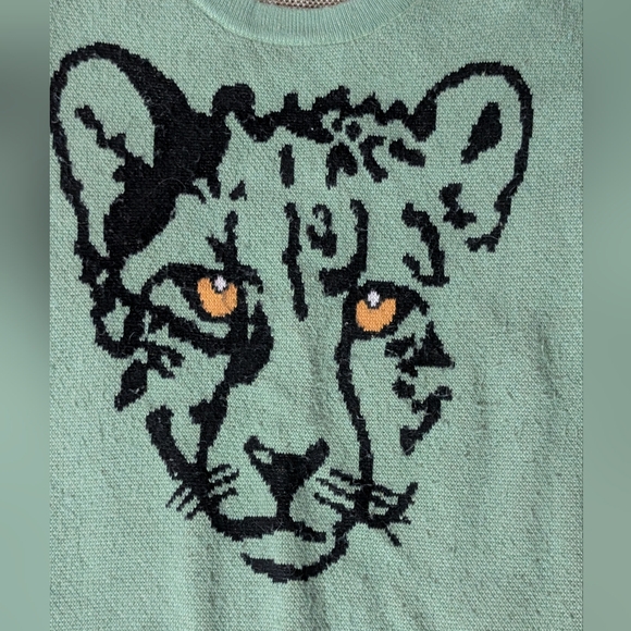 Animal Graphic Sweater Green Cheetah Face Size Large - Picture 2 of 4